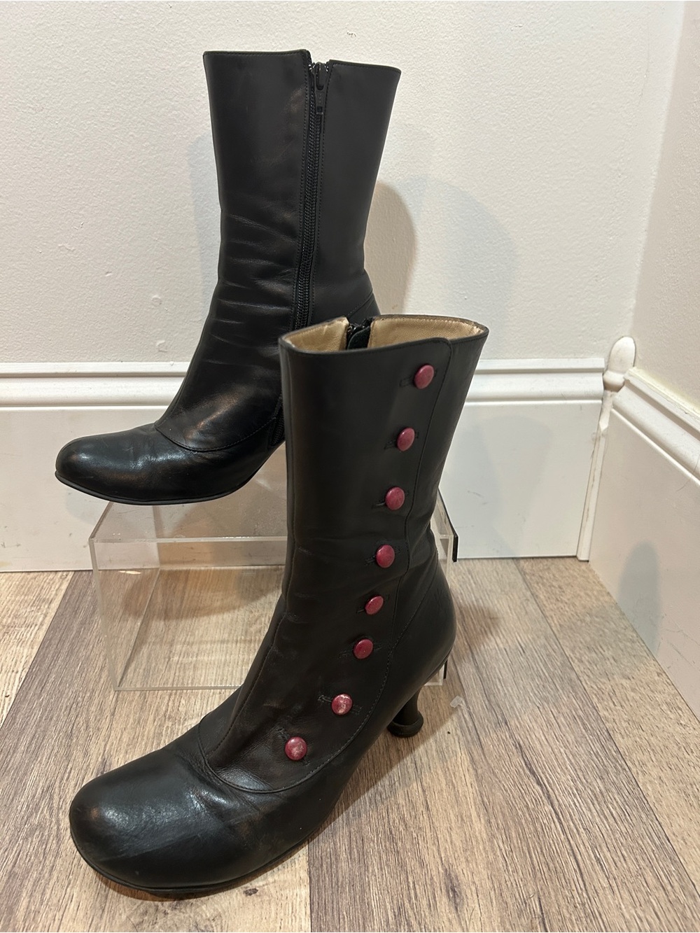 John Fluevog The Libby Black Mid-Calf Boots with Pink Button Accents Size 7